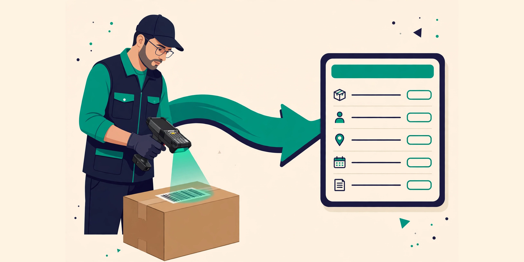 A handheld scanner capturing a carton barcode that flows into a structured traceability record