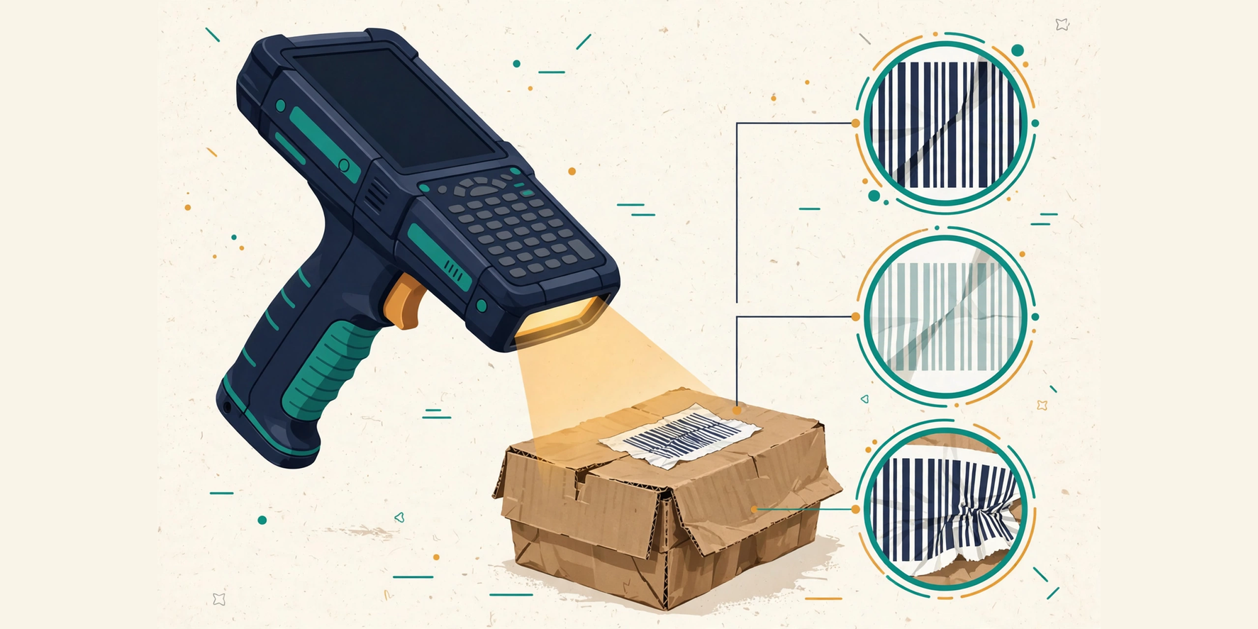 A professional handheld scanner aimed at a damaged carton barcode with problem areas highlighted