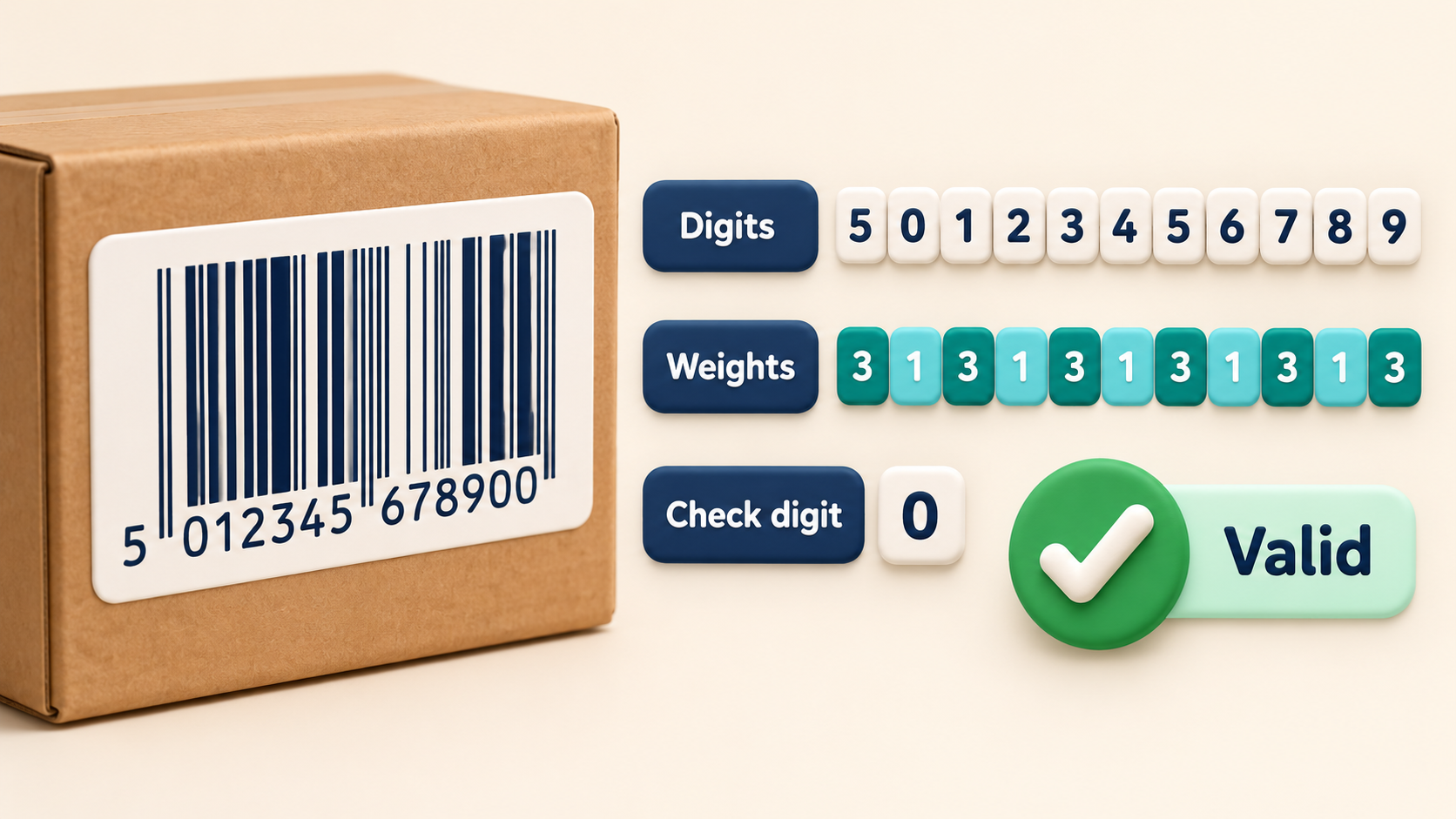 GS1 check digit validation shown with digit and weight tiles ending in a valid result