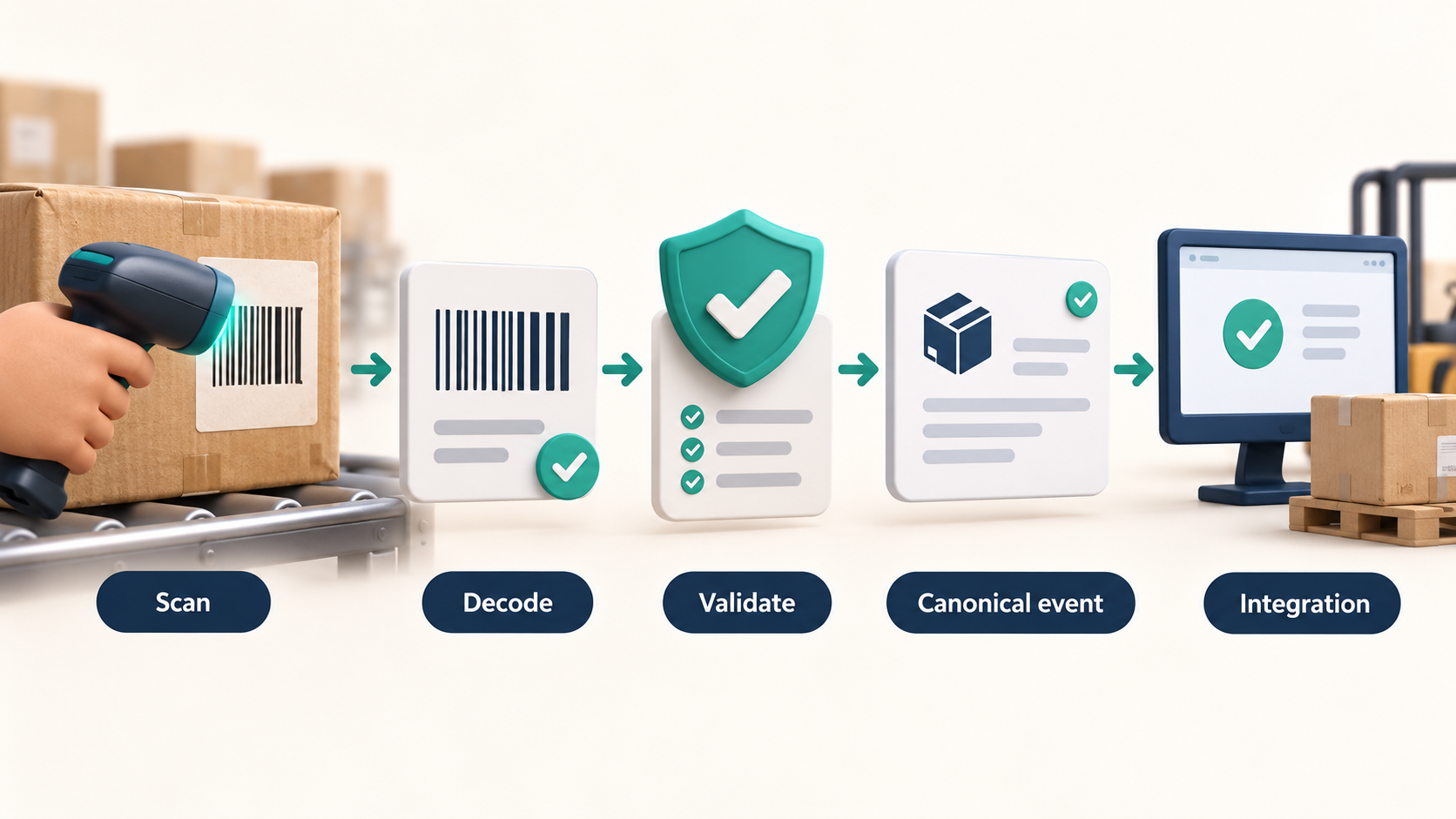 Scan data becomes decoded and validated evidence, then a canonical event consumed by an integration