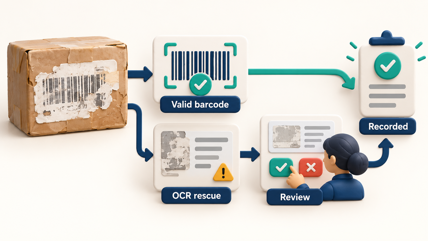 OCR rescue only runs when no valid barcode exists and requires operator review