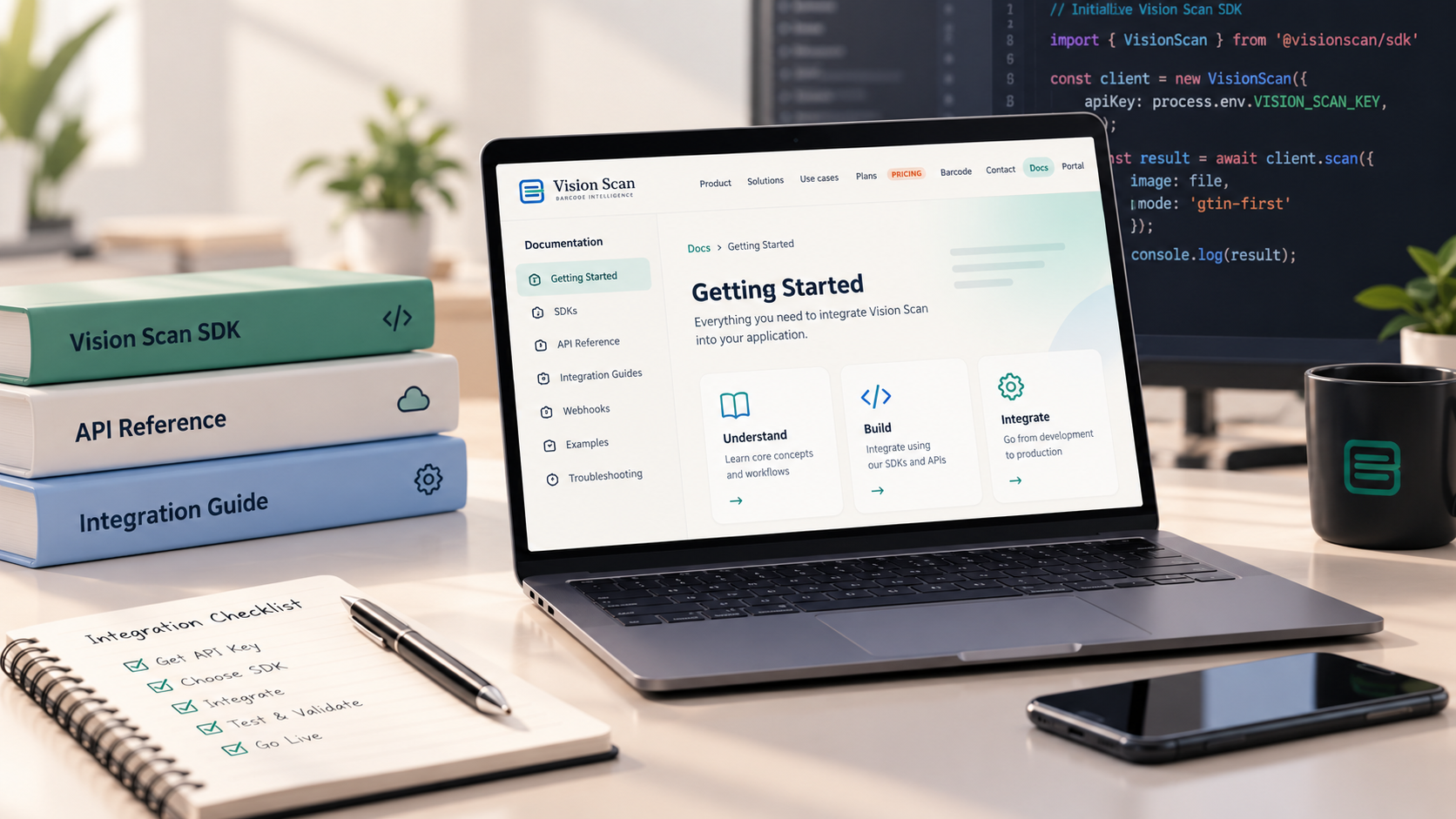 Illustration: a developer connects through Vision Scan to scan, detect, and result stages