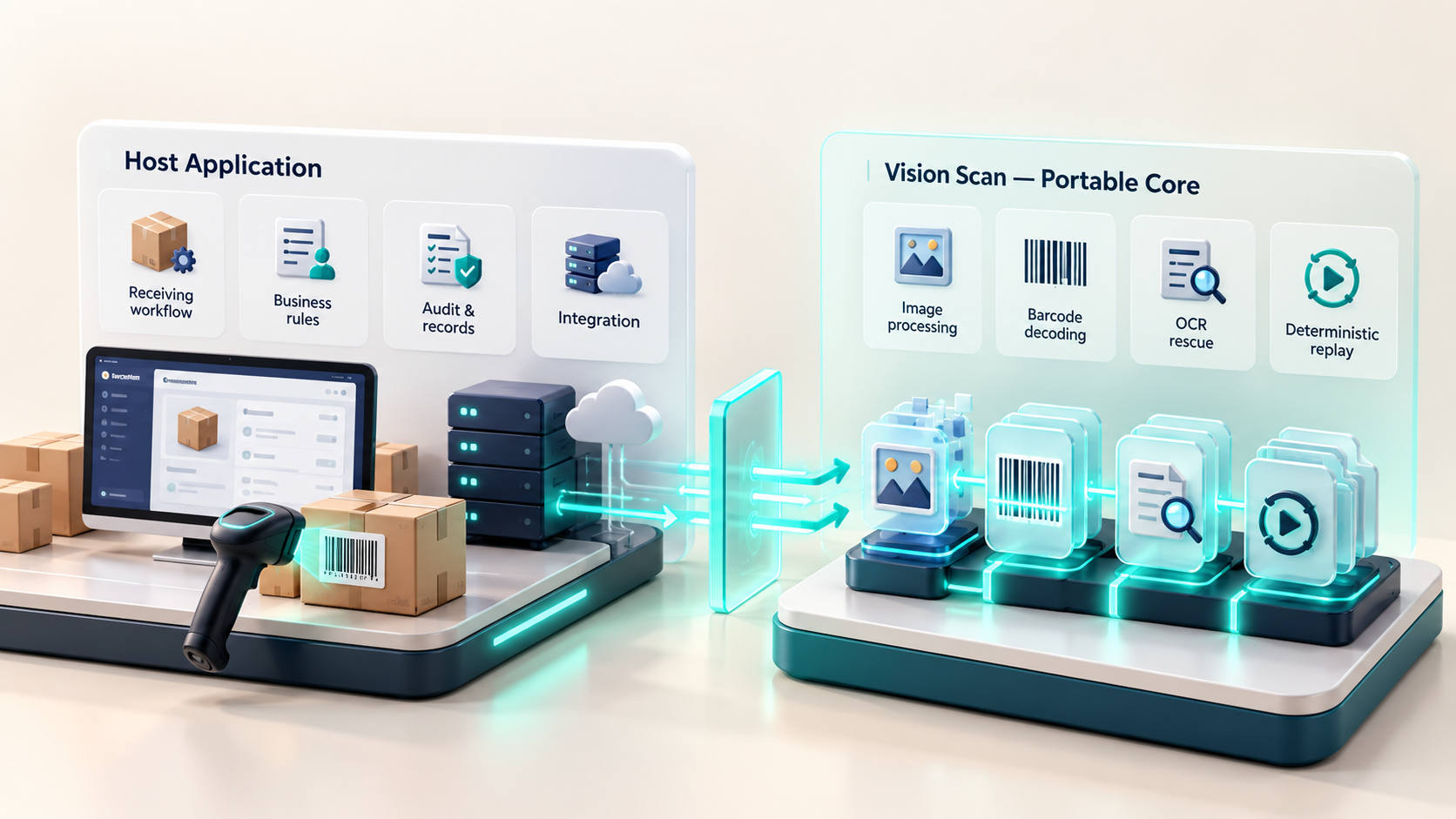 Illustration: Vision Scan portable core owns image intelligence while the host application owns workflow and integration