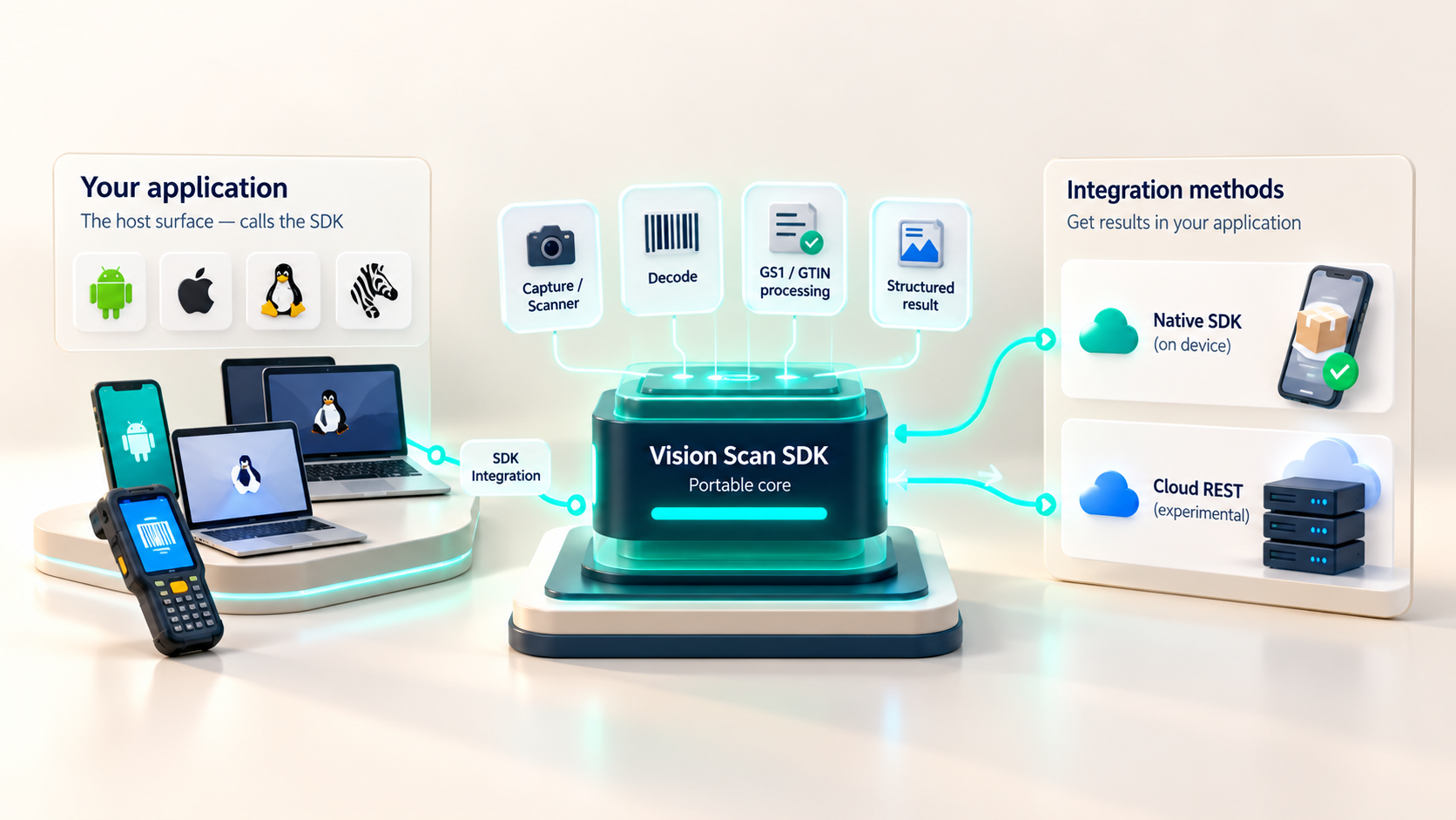 Illustration: your application calls Vision Scan SDK capabilities and receives structured results