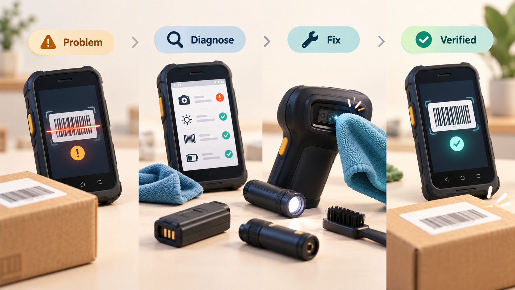 Troubleshooting progression from problem detection through diagnosis and fix to verified scan