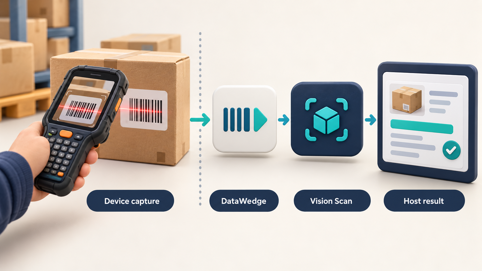 DataWedge hands the Zebra scan to Vision Scan, which returns a host app result