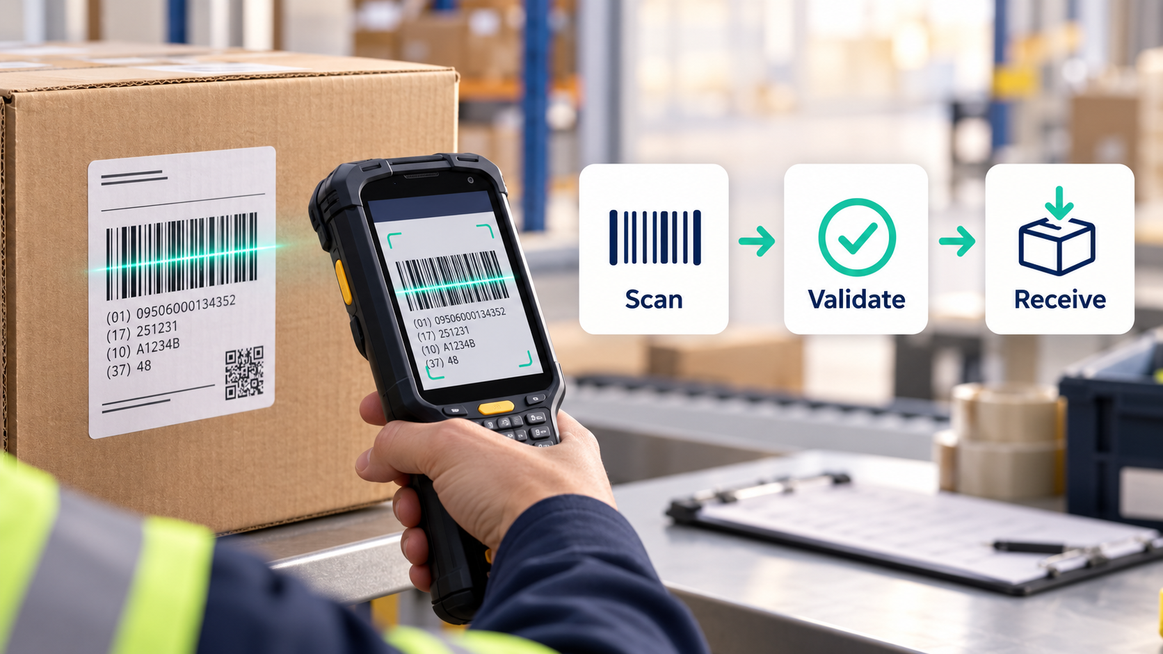 Illustration: an enterprise handheld scans a carton and the receive is validated