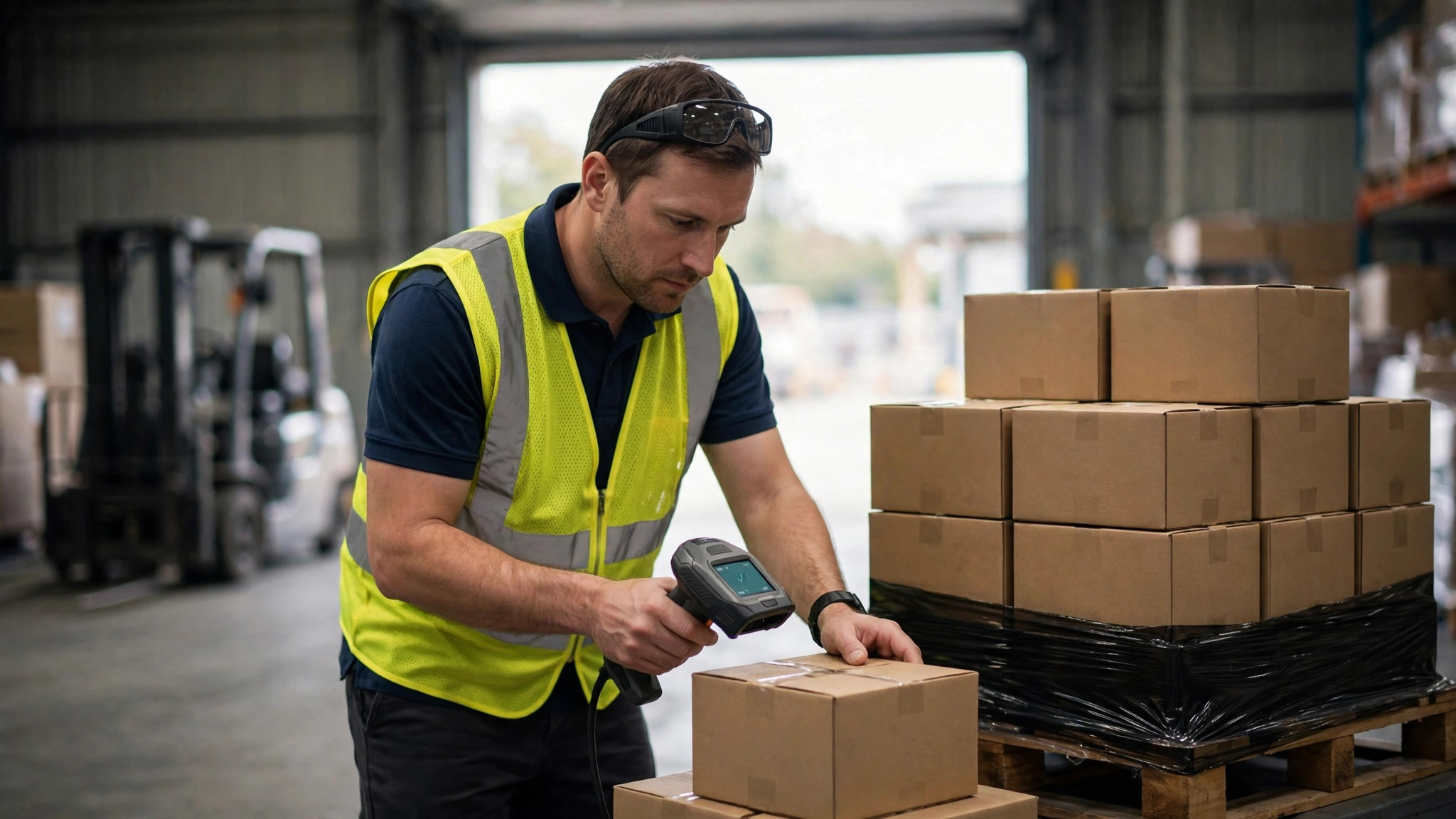 Warehouse worker scanning cartons with a handheld device at a receiving dock