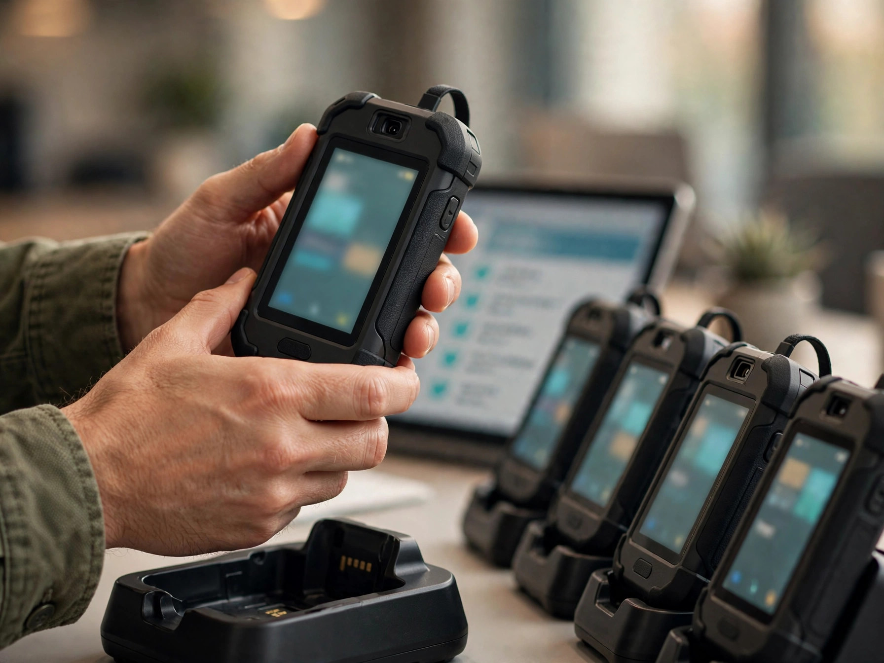 Hands lifting a rugged enterprise handheld from its enrollment station cradle, with a device setup checklist nearby