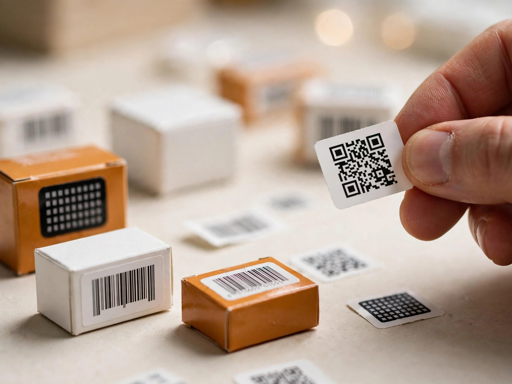 Close-up of printed barcode labels and pharmaceutical cartons