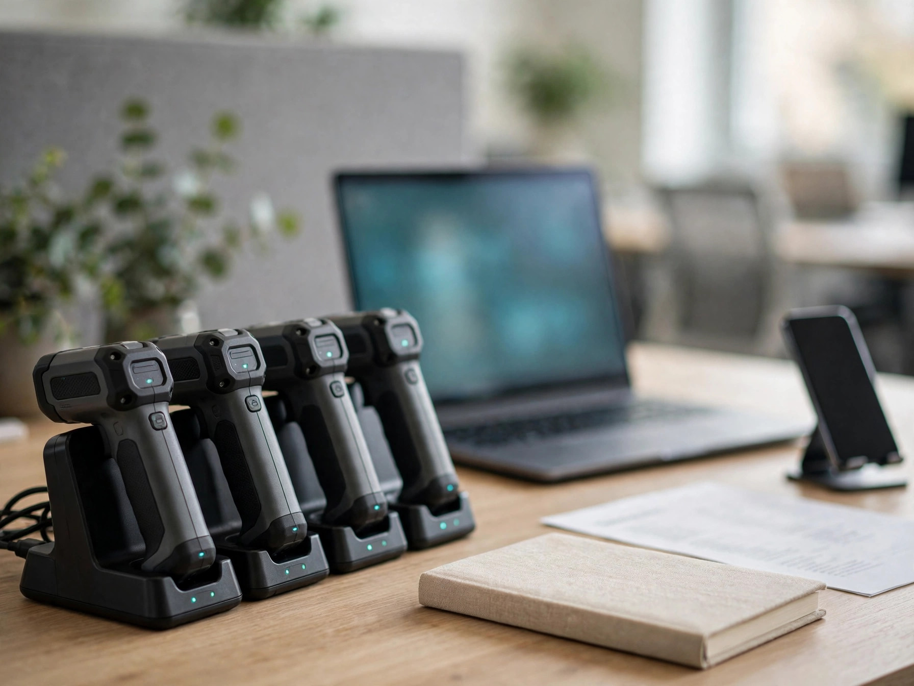 Enterprise handheld devices docked in charging cradles beside a laptop running a device management console
