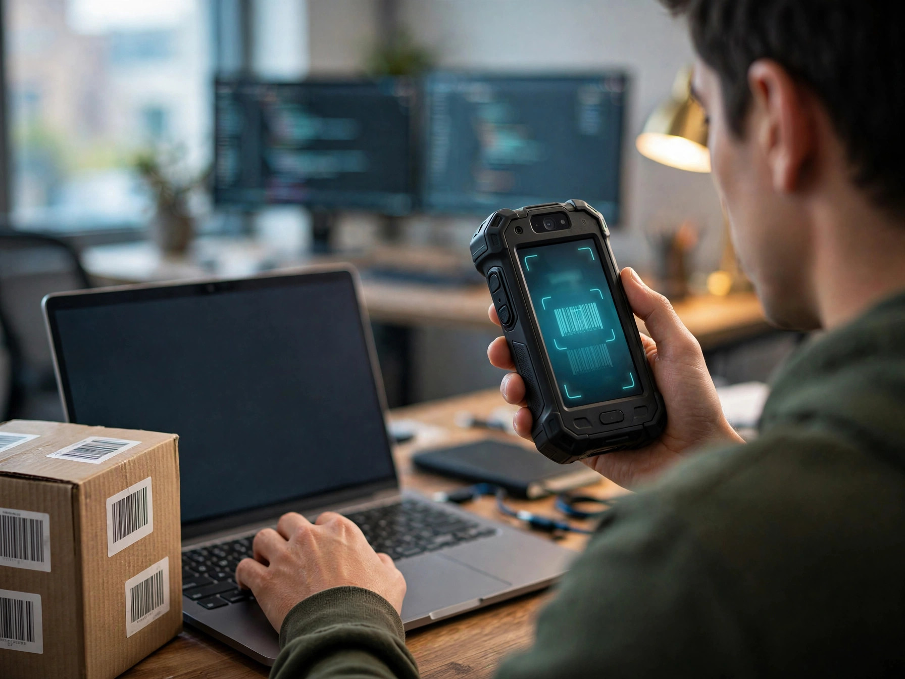 Developer holding an enterprise handheld with a barcode scanning screen beside a laptop and a labeled carton
