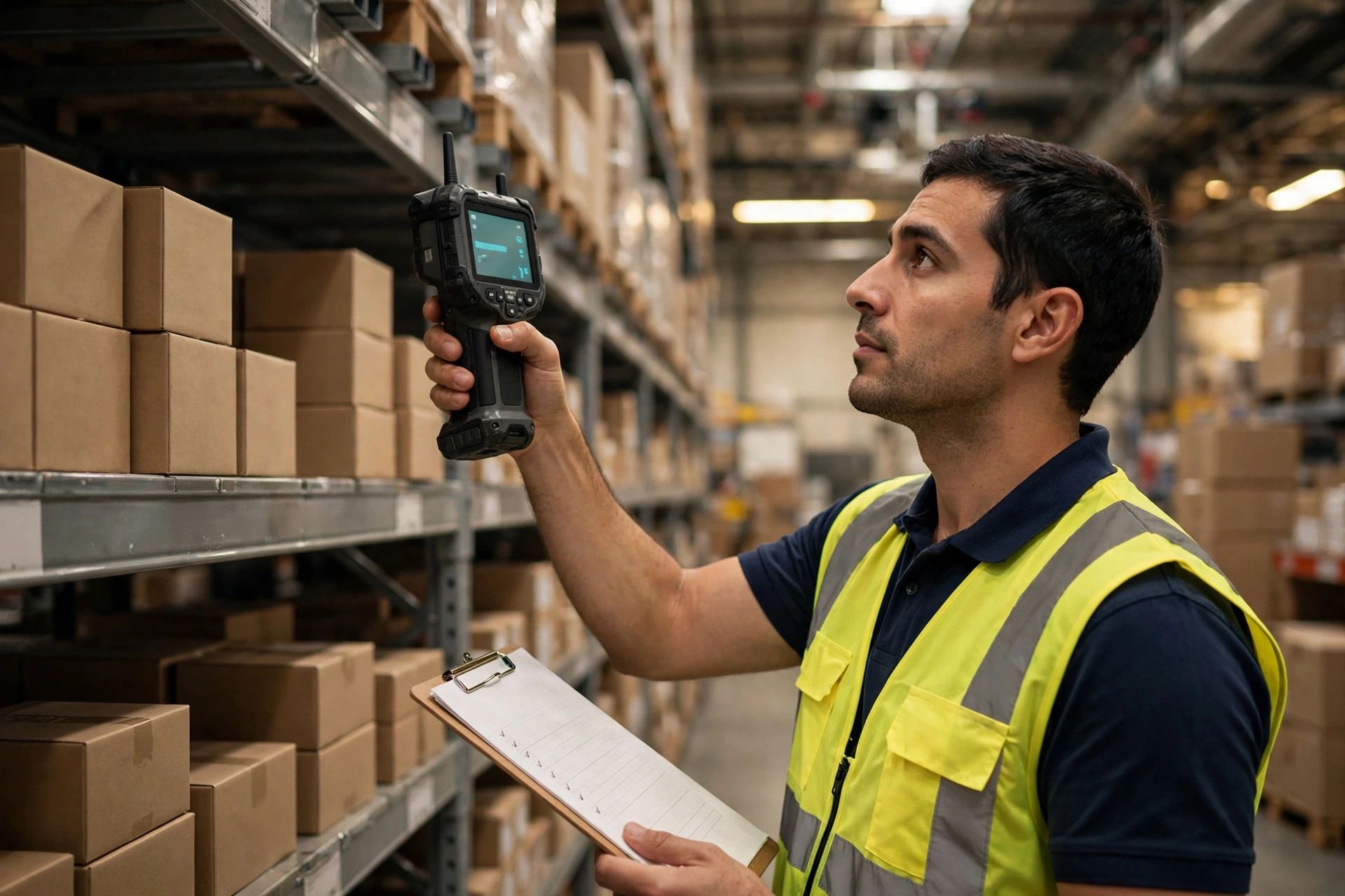 Warehouse operator scanning shelf labels during an inventory count