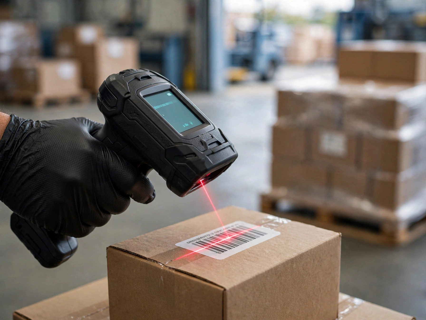 Handheld scanner reading a barcode label on a pharmaceutical carton at a receiving dock