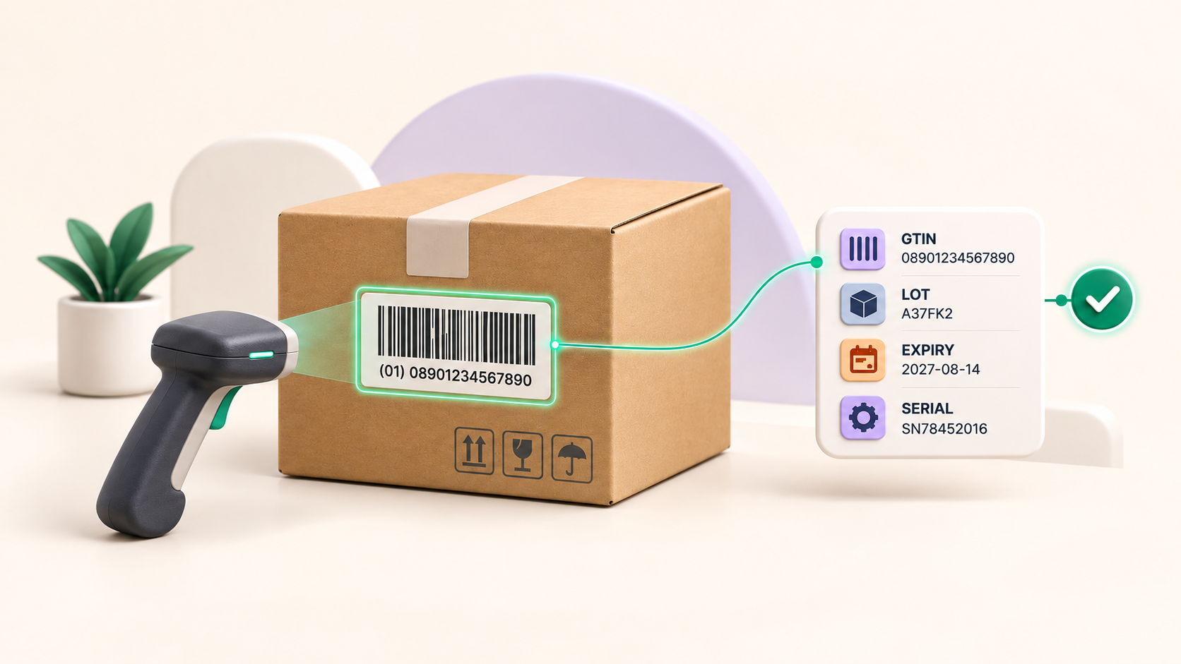 Barcode scanner reading a receiving carton with GTIN, lot, expiry, and serial traceability data