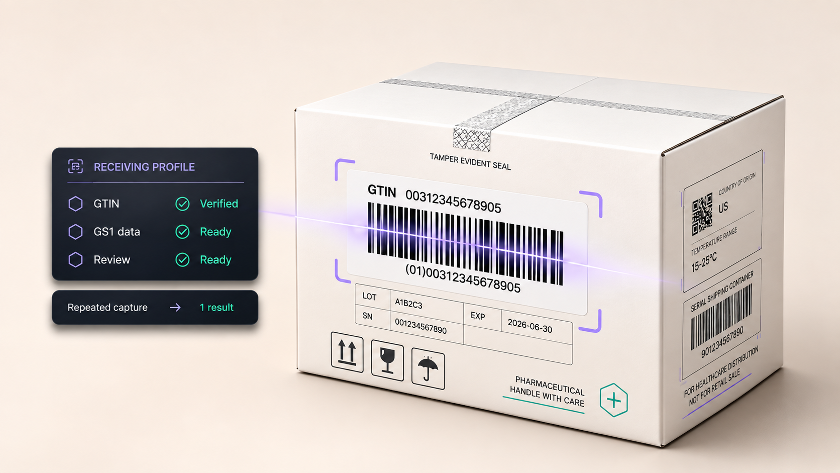 Vision Scan pharmaceutical receiving package with barcode detection and verification interface