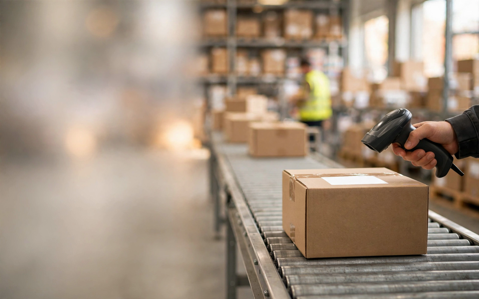 Warehouse worker scanning a carton label on a receiving lane