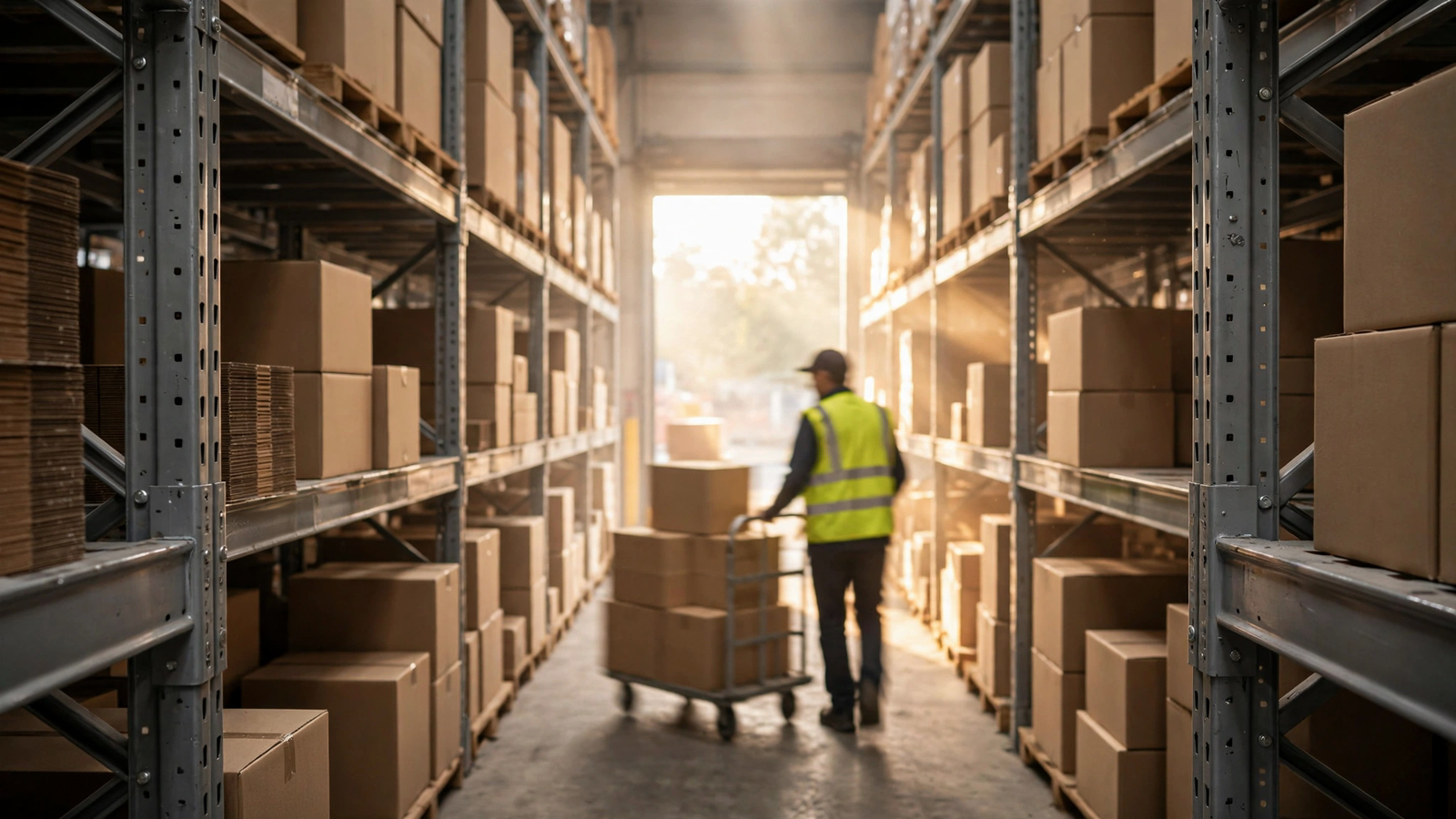 Worker moving cartons through a distribution-center aisle