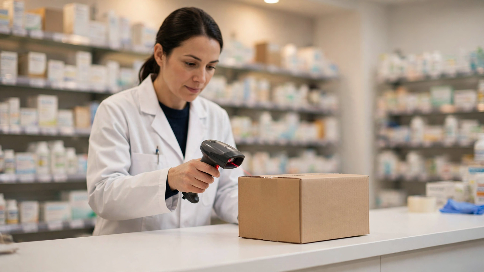 Pharmacist scanning a shipment carton at a pharmacy receiving counter