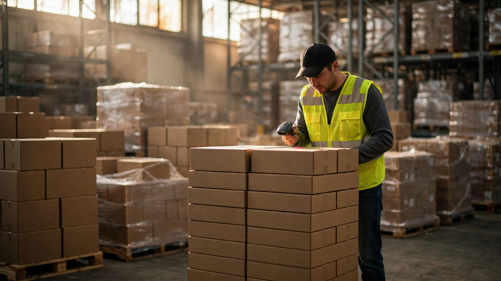 Warehouse worker scanning stacked cartons in a wholesale backroom