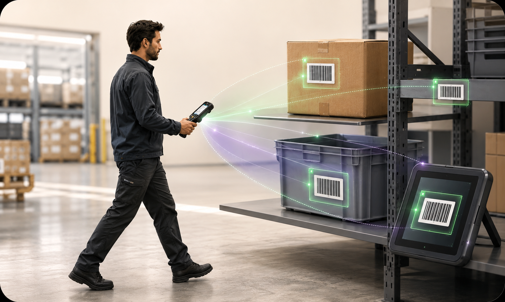 Live sweep detection illustration showing barcode scanning across a logistics workflow.