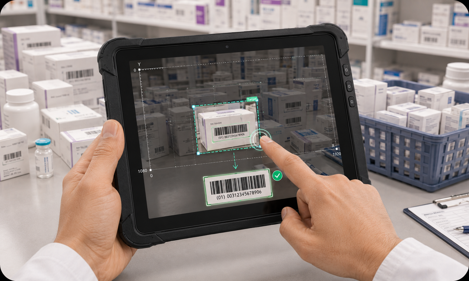 Tap and coordinate targeting illustration showing region selection for barcode detection.