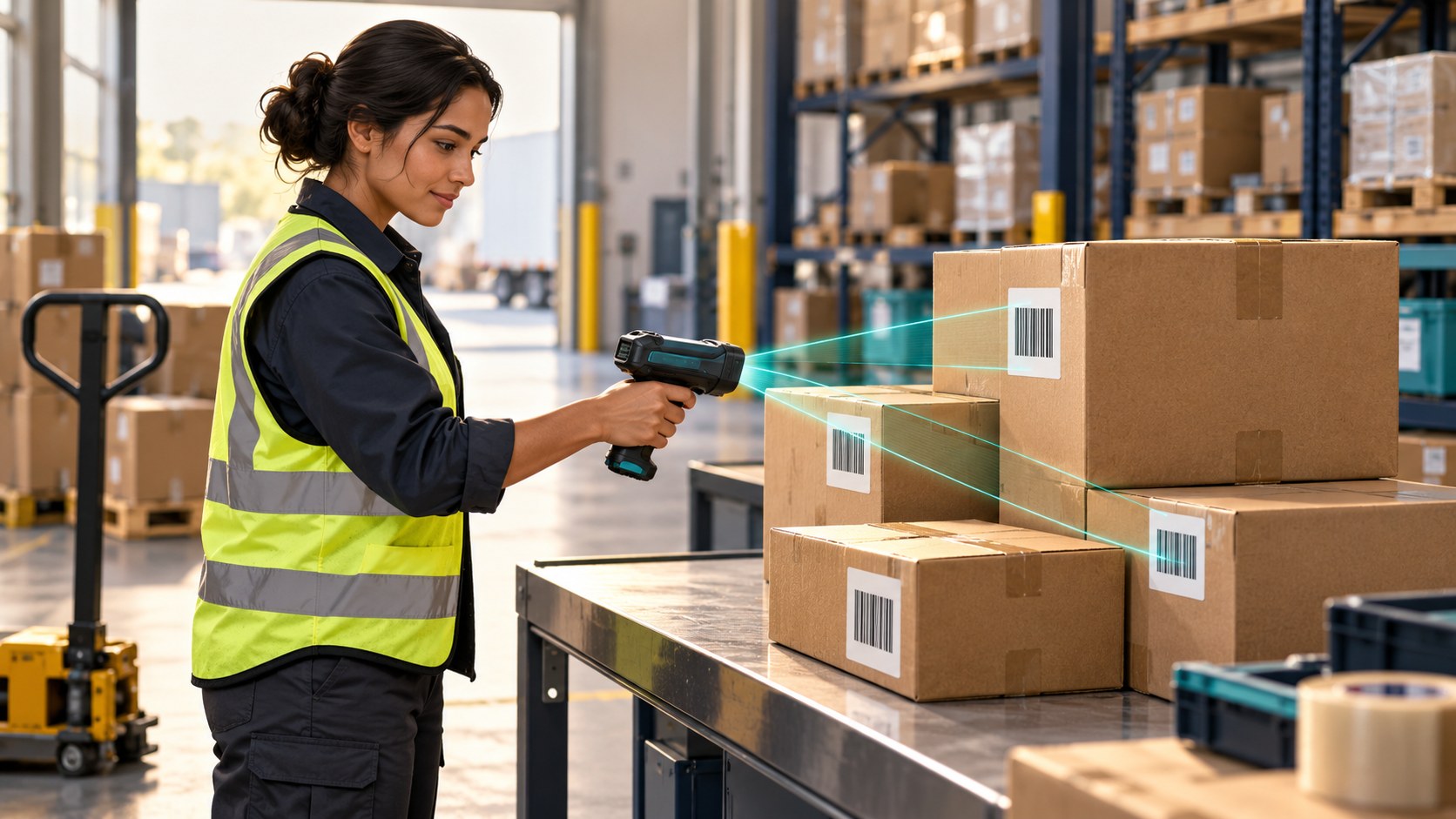 Receiving operator capturing visible barcode labels across cartons with a handheld scanner