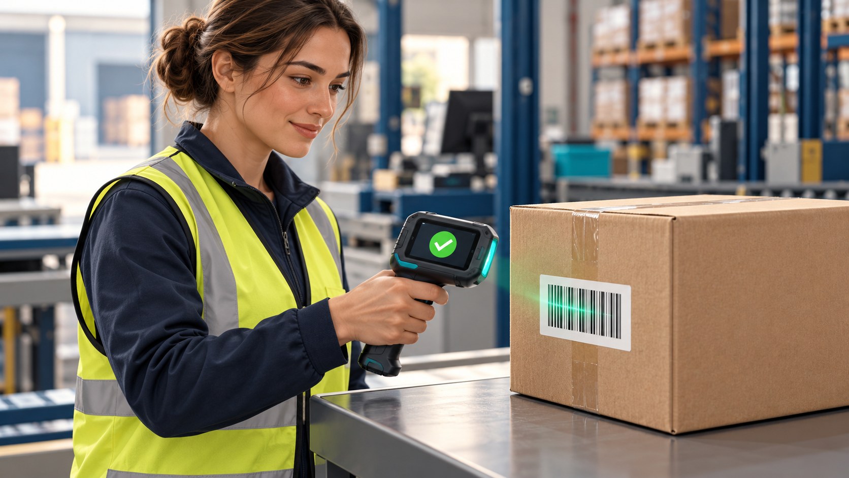 Receiving operator confirming one carton barcode with a verified scanner result