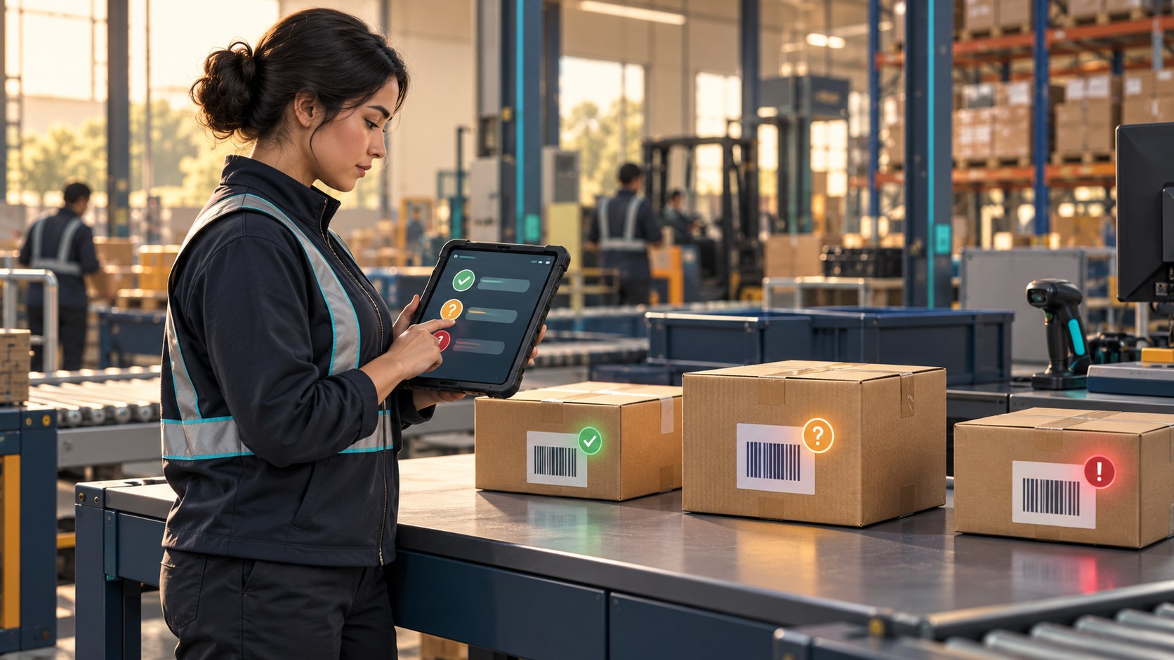 Receiving operator reviewing verified, ambiguous, and exception barcode states