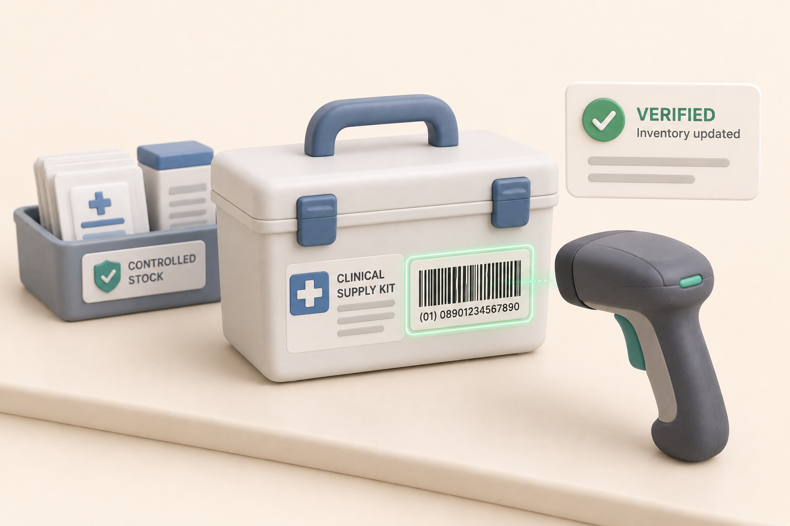 Clinical supply kit with barcode being scanned, inventory verified.