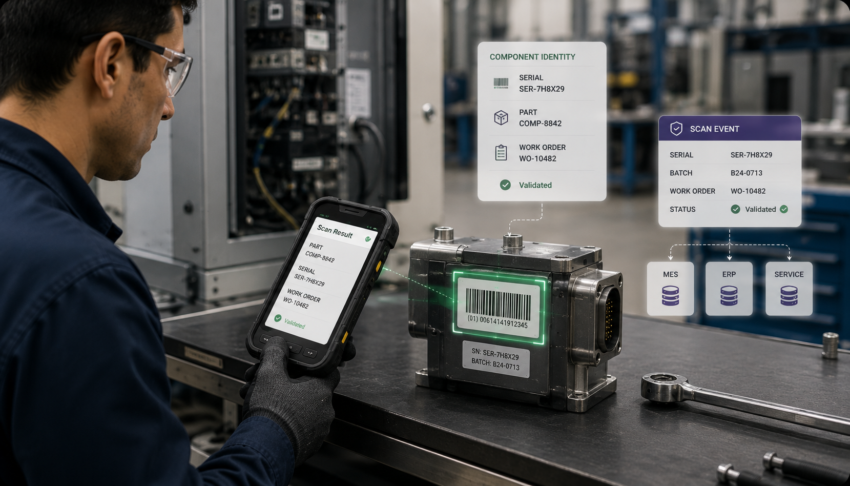 Line-side component station with serialized parts being scanned, work order validated.