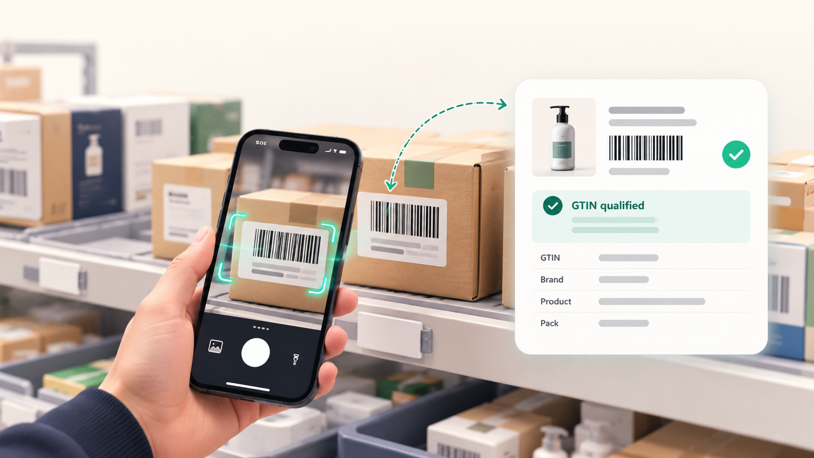 Mobile device scanning a shelf item with GTIN identity match confirmation