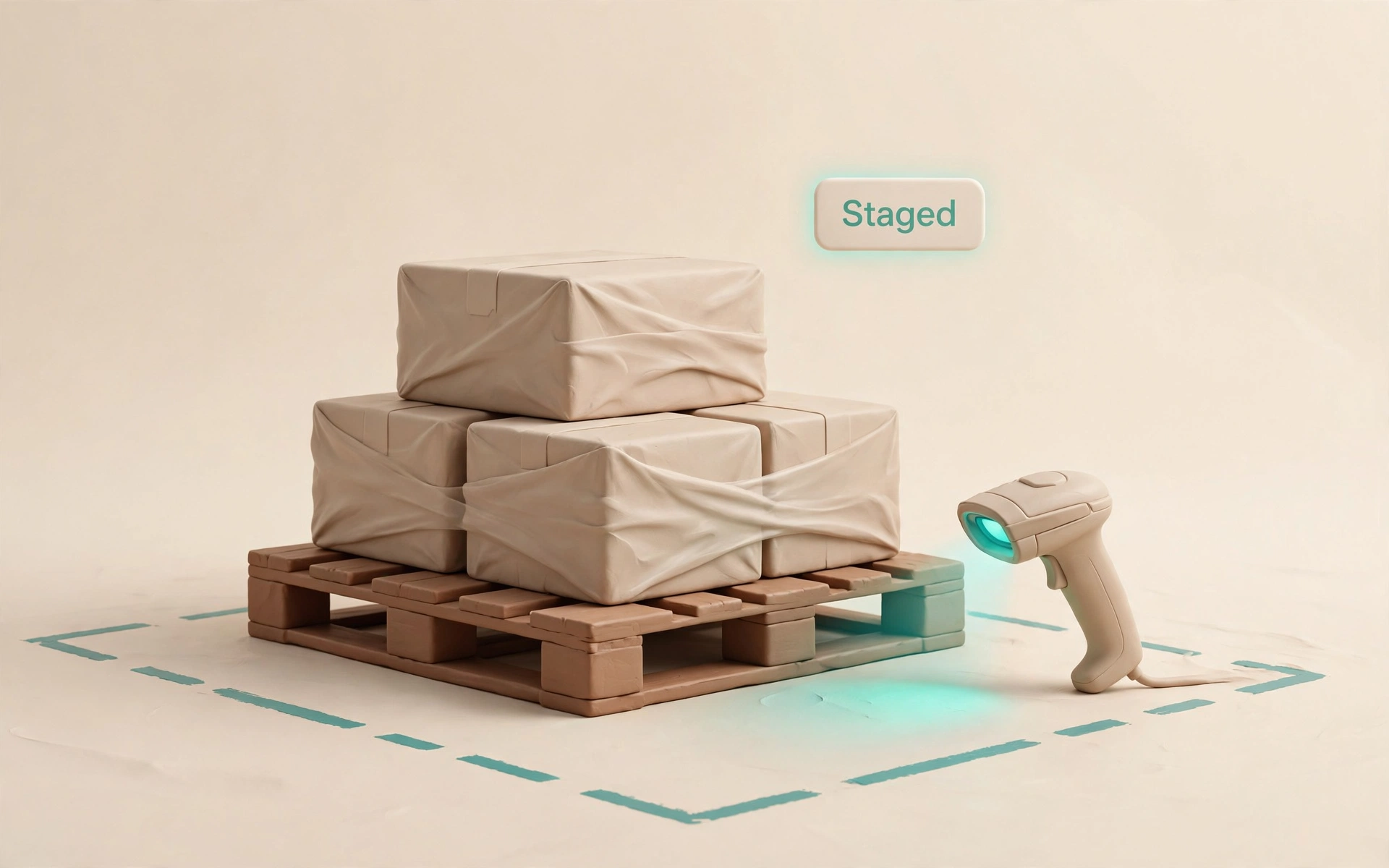 Warehouse staging zone with palletized cartons, staged and verified.