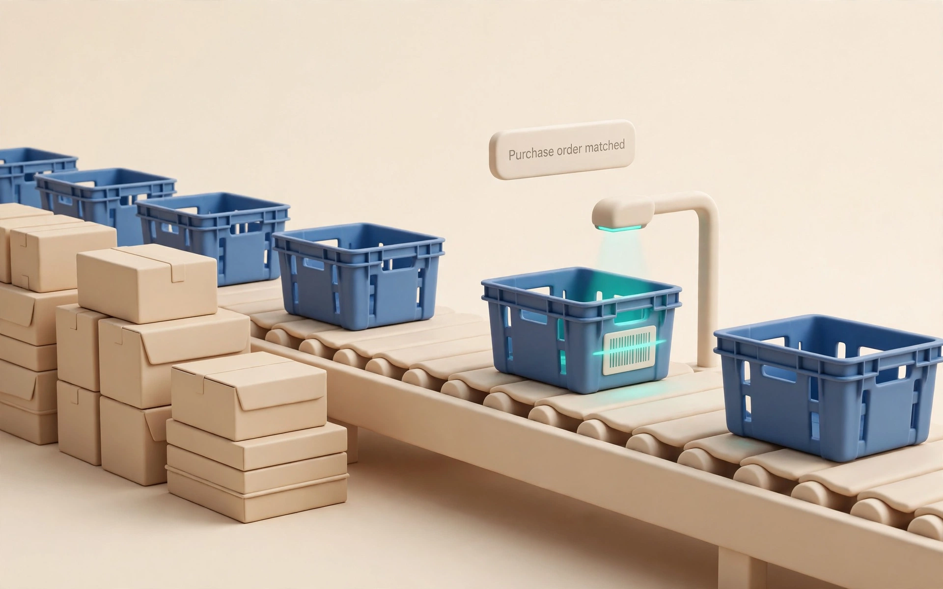Inbound receiving lane with totes and cartons, purchase order matched.