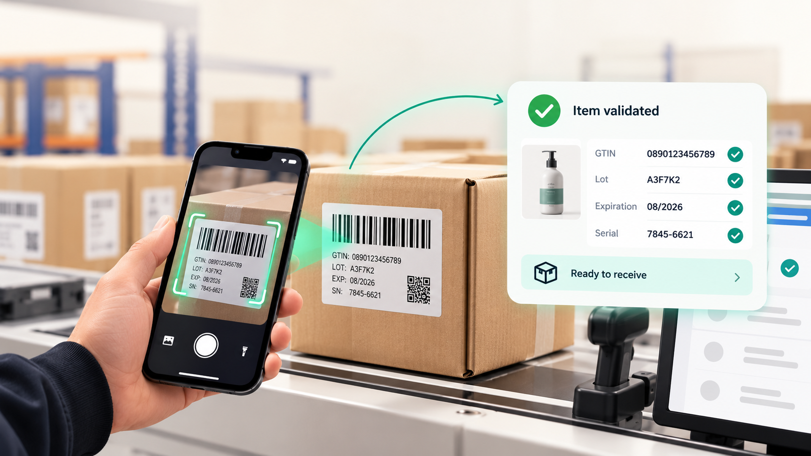 Handheld scanner aimed at a package barcode with GTIN validation overlay and traceability fields